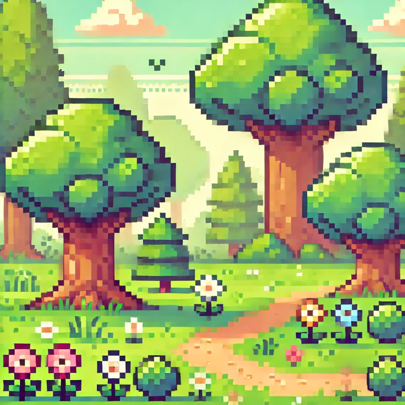 DALL·E 2024-10-01 13.24.31 – A cute pixel art-style forest scene with large, blocky trees, soft green grass, and bright pixelated flowers. The trees have rounded shapes with simpl